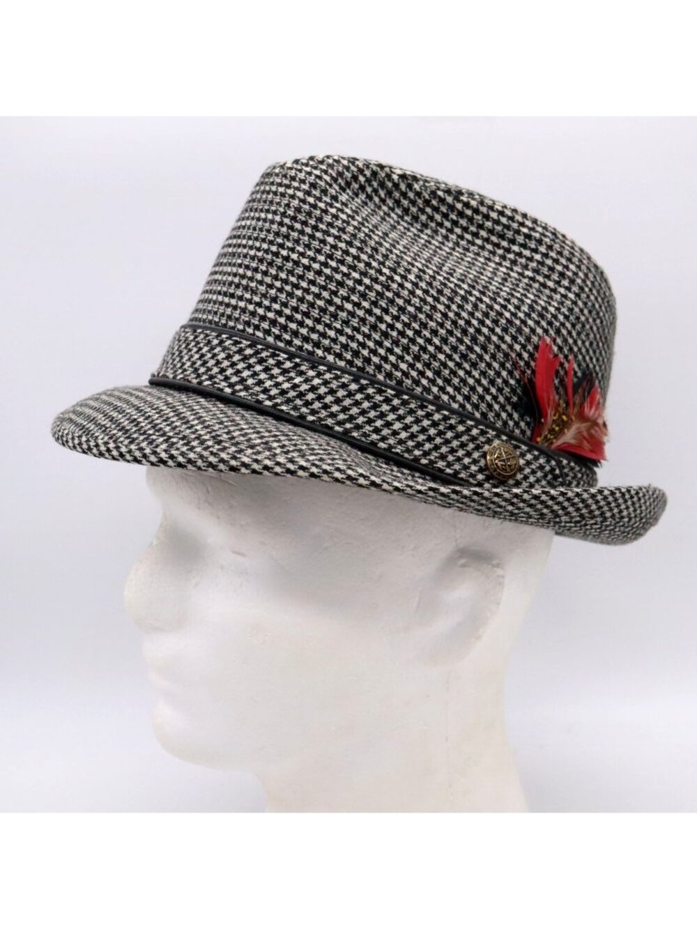 Vintage Knox Wool Fedora Black Houndstooth w/ Feather‎ Hat Size 6 7/8